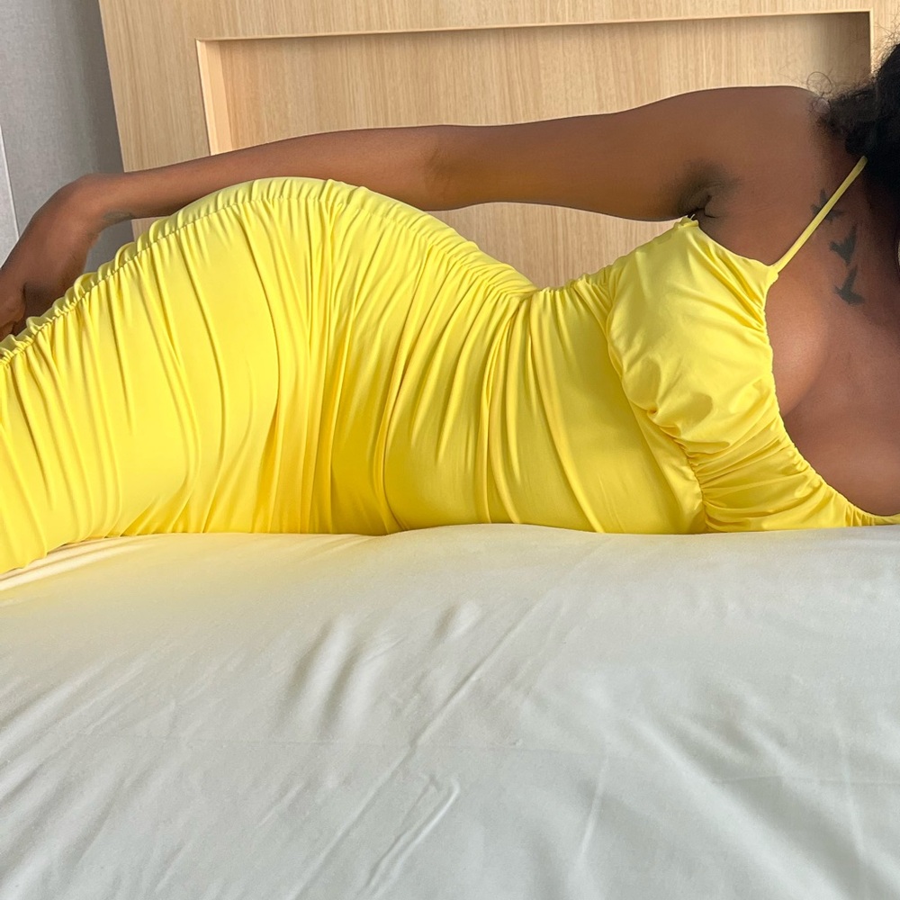 Fashion Nova Yellow Ruched Satin Slip Dress